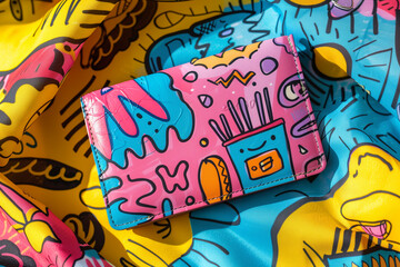 Fototapeta premium A whimsical wallet with playful doodles, on a bright, colorful background.