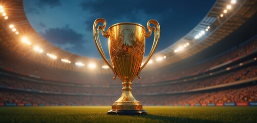 Gold winner cup in stadium. Symbol of victory success, achievement. Sport competition award night with fans. Winning team prize on grass field. Championship goal.