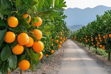 Scenic orchard with ripe oranges lining a dirt path and mountains in the distance, ideal for agriculture and organic produce themes.

