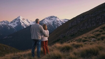 A senior couple standing side by side in a peaceful mountain landscape, seen from behind. A symbol of lasting love, active aging, and appreciation of nature's beauty.