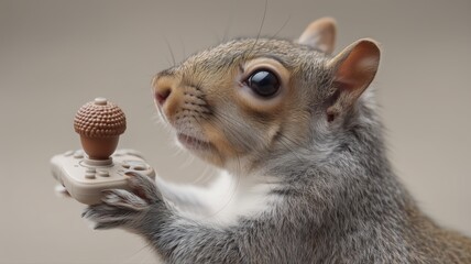 A playful squirrel grips a video game controller with an ice cream cone toy, showcasing its curious nature and love for fun activities