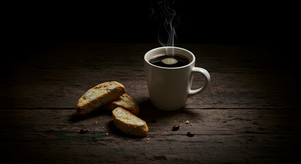 Dark Background With Black Coffee and Biscotti on Aged Wood