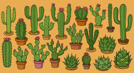 A vibrant collection of cacti and succulents thriving in a desert landscape, showcasing diverse shapes and sizes with a hand-drawn style and warm orange background.