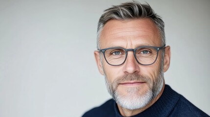 Fototapeta premium A middle-aged man with glasses looking directly at the camera, short grey hair, neutral background, close-up portrait, and professional and confident expression.