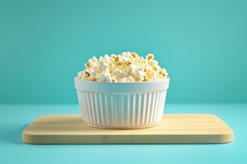 A bowl of fluffy popcorn sits on a wooden cutting board.