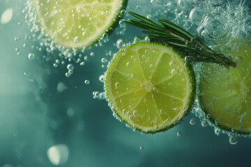 Lime slices and rosemary falling into carbonated water with bubbles creating a refreshing and invigorating image