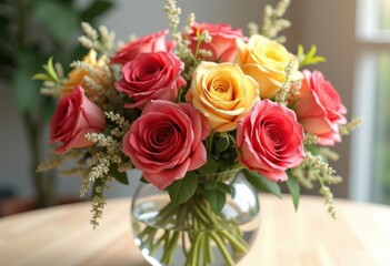 vibrant rose blooms glass vase floral arrangement colorful bouquet fresh natural elegance decorative display, greenery, leaf, petal, nature, home, interior
