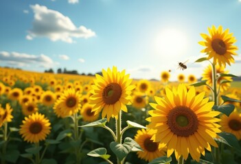 Obraz premium vibrant sunflower field blooming under clear blue sky natural beauty scenic landscape, yellow, green, sunny, nature, summertime, pollinator, botanical