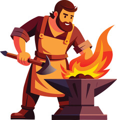 Strong blacksmith forging sword in fire. Medieval craftsman for village, RPG, or fantasy artwork.