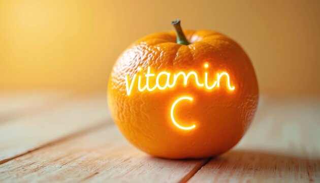 Fresh orange fruit with glowing neon text VITAMIN C. Healthy food, rich in vitamins. Round citrus fruit on wooden table. Diet, healthcare concept. Orange fruit health benefits. - Powered by Adobe