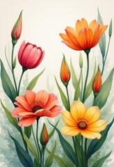 Obraz premium vibrant watercolor flowers textured paper artistic botanical design colorful nature, petal, leaf, vibrancy, floral, palette, painting, ink, brushstroke