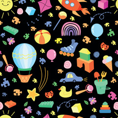 Happy childrens toys pattern. Seamless ornament with happy toys colorful. Hand drawn trendy Vector illustration for kids. Good for Fabric, textile, giftware, wallpaper, for book design and more.