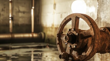 Rusty Valve Water Pipe in Industrial Interior: Exploring Aged Metal Mechanisms and Water Management Equipment