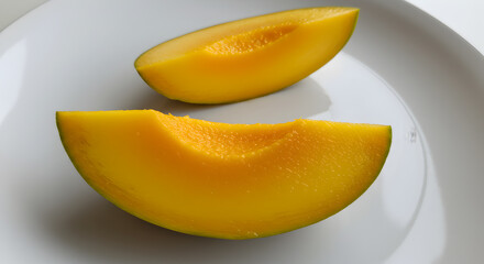 Fresh Mango Slices on White Plate Still Life Image For Stock