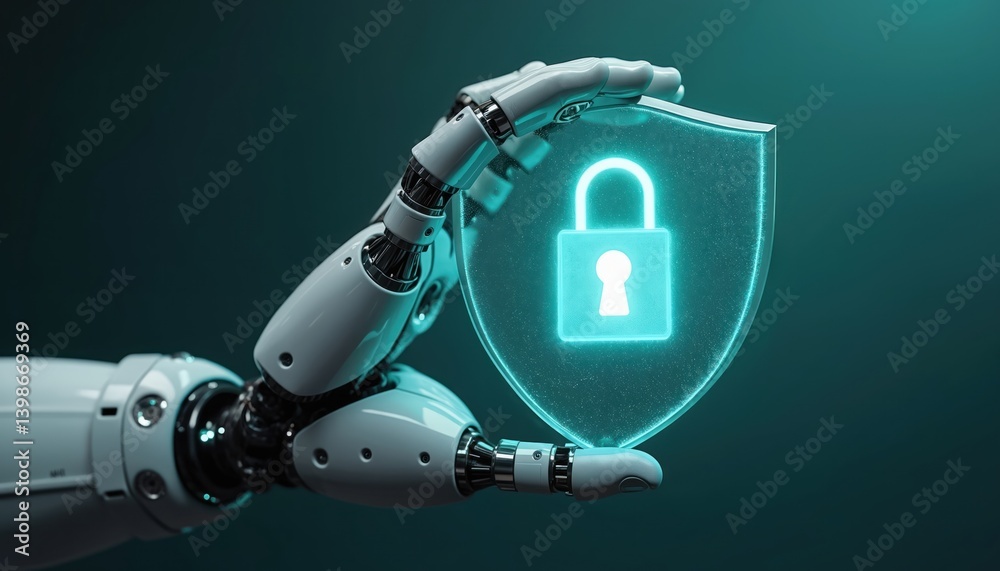 Poster robotic hand holding glowing shield with padlock icon. cyber security concept. digital protection, d