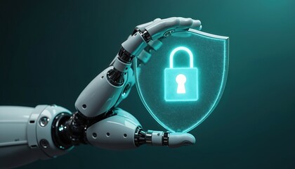 Robotic hand holding glowing shield with padlock icon. Cyber security concept. Digital protection, data privacy, innovation, futuristic tech, AI, modern network, internet safety. Global web, cloud