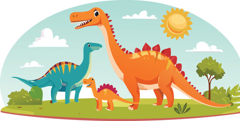 Cartoon Dinosaur Family in Sunny Landscape Illustration