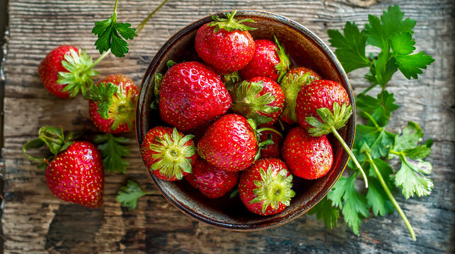 Top-down view of fresh strawberries in a ceramic bowl on a rustic wooden table.