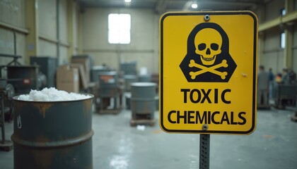 Warning sign indicates toxic chemicals in industrial area. Yellow skull crossbones symbol caution health risks. Danger of chemical exposure, hazardous waste, pollution.