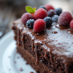 macro closeup photo. piece of delicious chocolate cake with melt chocolate icing and berries on it with copy space 