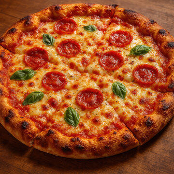 Top view of homemade pizza with fresh ingredients.