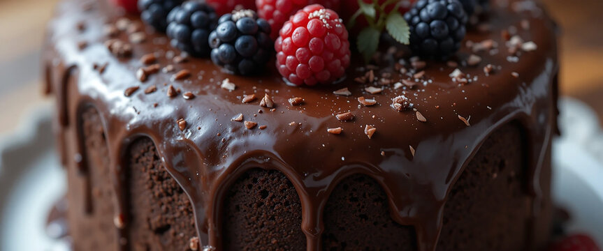 closeup photo of delicious chocolate cake with melt chocolate icing and strawberries and berries on it