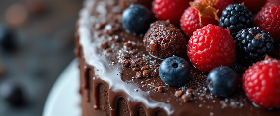 macro closeup photo of delicious chocolate cake with melt chocolate icing and berries on it with blank text space 
