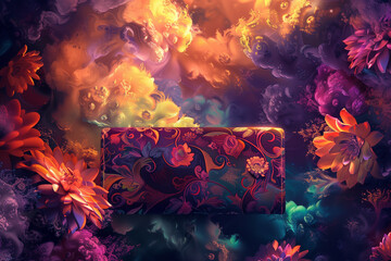 A purse with intricate floral patterns and vibrant colors, floating in an ethereal, abstract space.