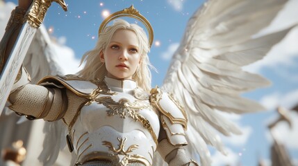 Fantasy angelic warrior character with wings and armor