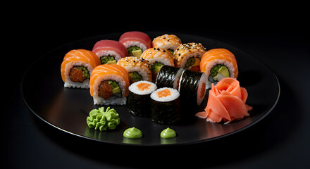 Dark Moody Shot Of Delicious Sushi Rolls With Wasabi And Ginger