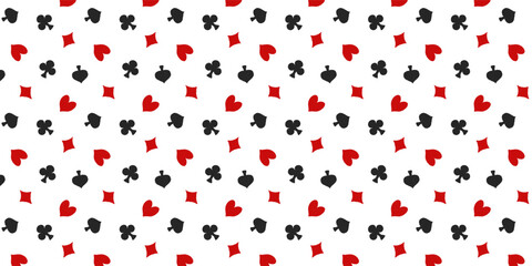 Seamless pattern with red and black crayon drawn hearts, diamonds, clubs, spades. Gambling game, casino symbol vector illustration. Hand drawn vector funky wrapping paper with abstract card suits.