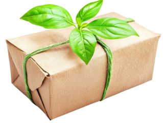 Eco-friendly package with green leaves, representing sustainable choices and environmental care.