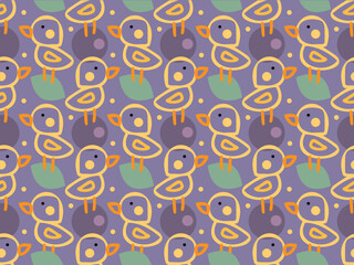 Funny yellow birds with berries and leaves. Cartoon chickens, ducks. Seamless vector pattern. 