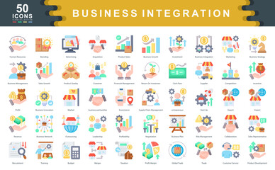 50 business integration icons focused on growth, collaboration, finance, and operations. Ideal for illustrating strategic planning, partnerships, and global business solutions.