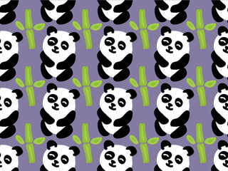 Funny, cute panda bear and bamboo. Seamless vector pattern. 