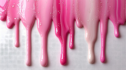 Vibrant pink paint dripping down a smooth surface creating a colorful abstract texture