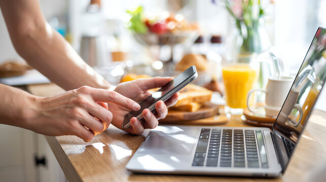 Morning Productivity with Smartphone and Laptop at Breakfast Table with Coffee and Juice