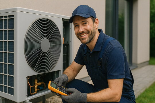 Expert technician performs maintenance on heat pump system at residential property in warm weather