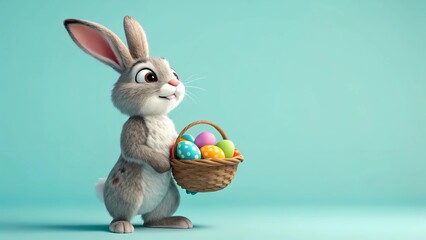 Easter Bunny with Eggs: A whimsical Easter bunny, its long ears perked and eyes gleaming with mischief, stands with a woven basket filled with colorful Easter eggs.