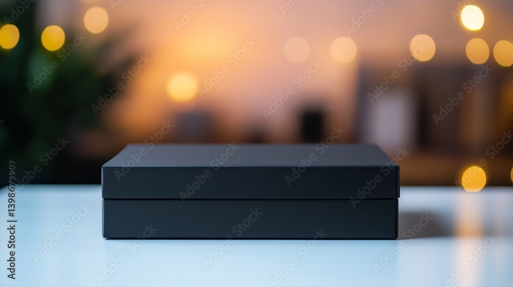 Leinwandbilder Close-up view of a minimalist black box resting on a clean white surface, softly illuminated by natural light, emphasizing simplicity and modern design