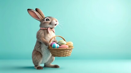Cute Easter Bunny Holding Colorful Eggs on Turquoise Background