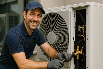 Technician servicing a heat pump unit during the day in a residential area