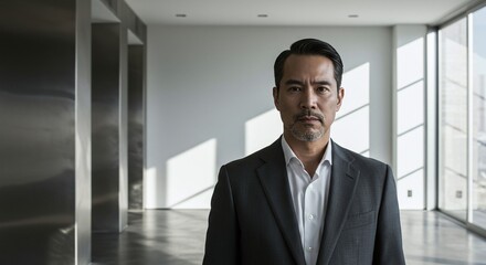 Fototapeta premium A serious looking person wearing a business suit standing in a modern minimalist office setting. The man looks directly at the camera with a determined expression.