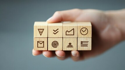 Hand Holding a Minimalist Wooden Cube Made of Eight Distinct Blocks with Dark Brown Icons on a Soft Grayish-Blue Background, Emphasizing Clarity, Texture and Natural Aesthetics
