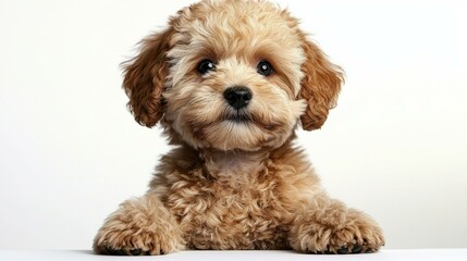Fluffy Poodle Mix Dog Portrait with Soft, Curly Fur in a Minimalist White Background - Captivating Close-Up Shot Captures the Cuteness and Innocence of This Adorable Canine Companion
