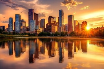 Fototapeta premium A stunning city skyline at sunset with skyscrapers reflecting light