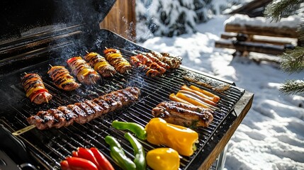 Deliciously Grilled Feast Barbeque Grill Bursting with Colorful Skewers and Vegetables Against a Snowy Landscape - Perfect for Winter Culinary Themes and Outdoor BBQ Enjoyment