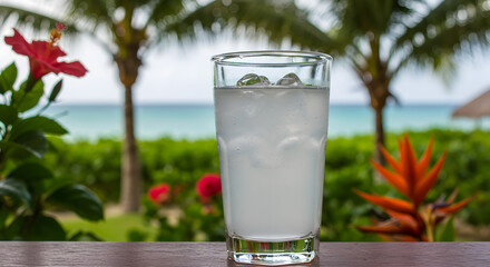 Refreshing Coconut Water Beverage with Tropical Island Paradise Backdrop