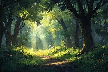 Fototapeta premium A sunlit path through a green forest