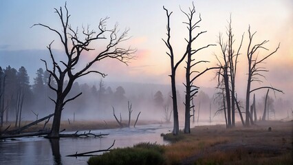 Mysterious misty wetlands with dead trees reflected in a calm river at dawn, eerie atmosphere.